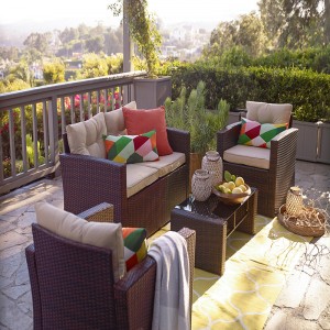 Набор для разговора из плетеной ткани из ротанга 4шт с устойчивыми к атмосферным воздействиям подушками и настольным стеклом из ...