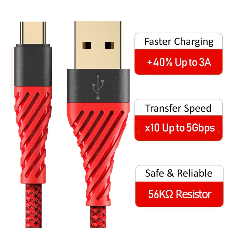 Кабель USB C 3.0, кабель USB Type C для быстрой зарядки Кабель USB к мобильному телефону для Samsung Galaxy S8, S9 Plus, Note 8, LG v20, G6, G5, v30, Google Pixel 2 XL, Nexus 6-3 Pack Red