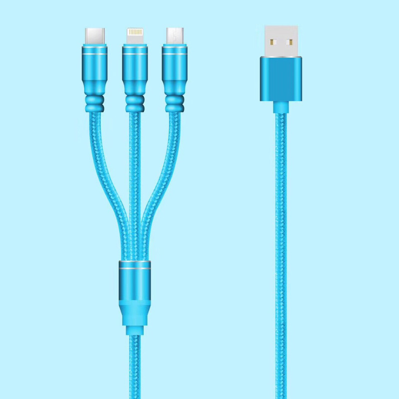 3 IN 1 Плетеный кабель Зарядка Круглый алюминиевый корпус USB 2.0 Micro-Lightning Тип C Micro USB Кабель для передачи данных