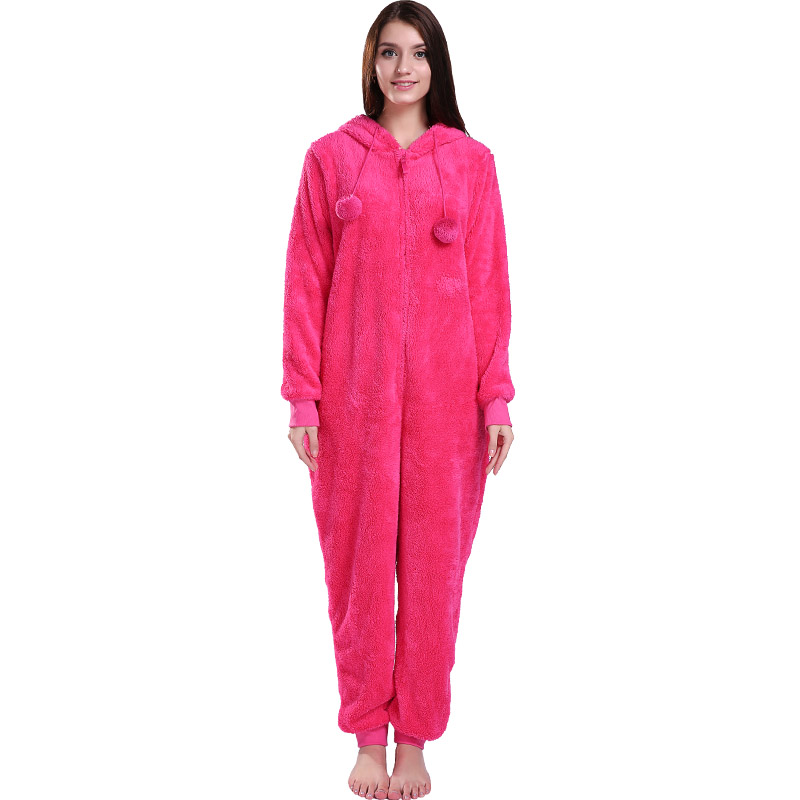 Женские ярко-розовые пижамы с капюшоном и ушами животных