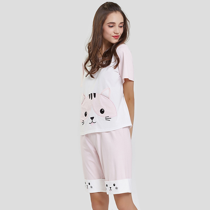 Женский модальный трикотаж пижамы для кошек с вышивкой