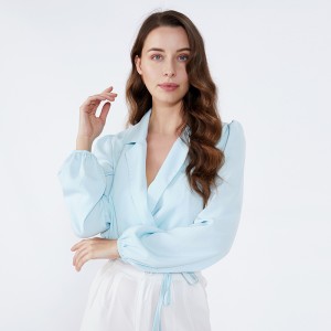 Голубой воротник с шалью Элегантная модная офисная одежда женская с длинными рукавами, блузка