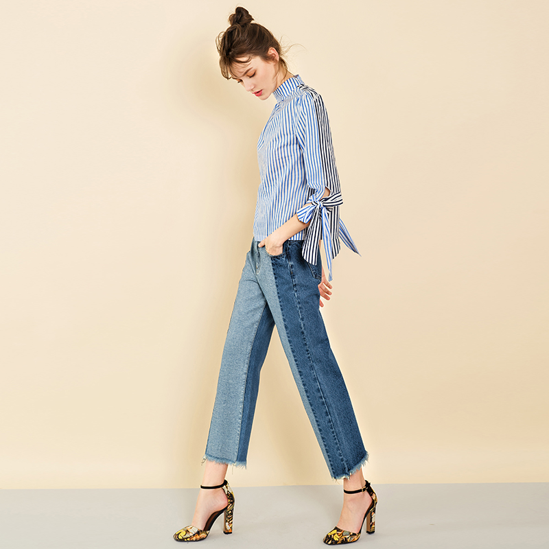 2019 новое поступление мода грубый Selvedge подол сращивания синие джинсовые брюки джинсы женские