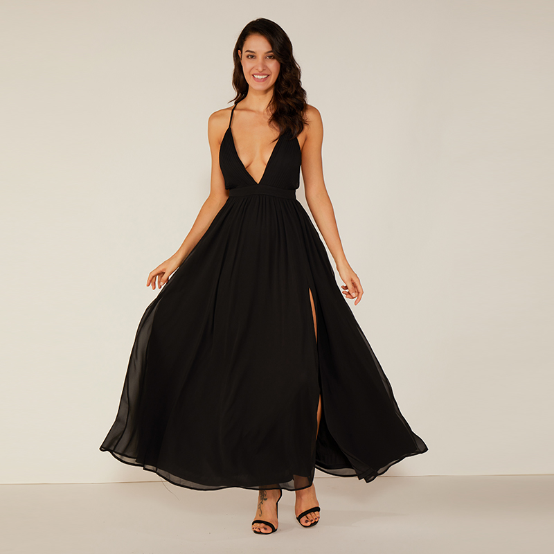 Высокое качество Глубокий V Черное вечернее платье макси шифон Сексуальные элегантные платья