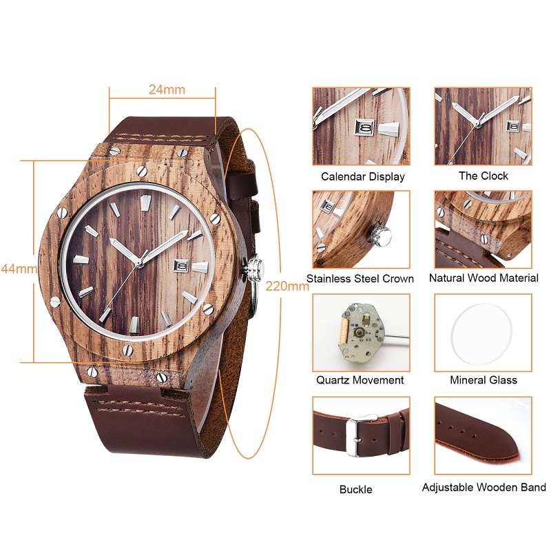 Мужские дизайнерские деревянные часы из клена с мягким кожаным ремешком