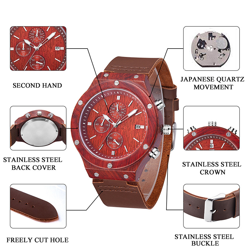 2019 Новые красные наручные часы с ремешком из сандалового дерева