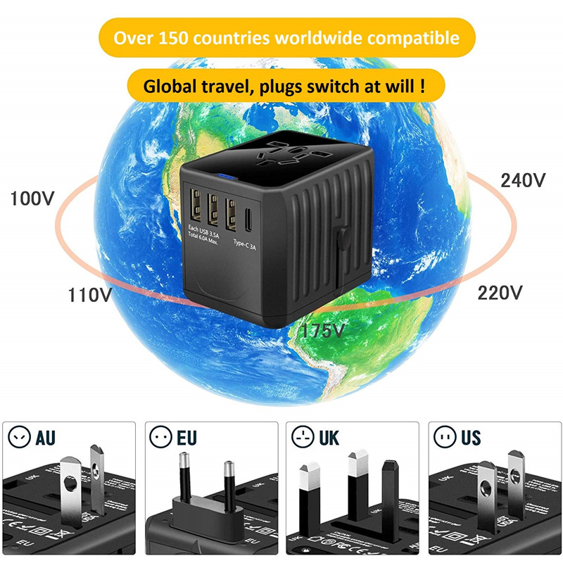 RRTRAVEL International Travel Adapter Универсальный адаптер питания по всему миру Все в одном 4 USB с электрической вилкой Идеально подходит для европейских стран США, ЕС, Великобритании, Австралии и других стран