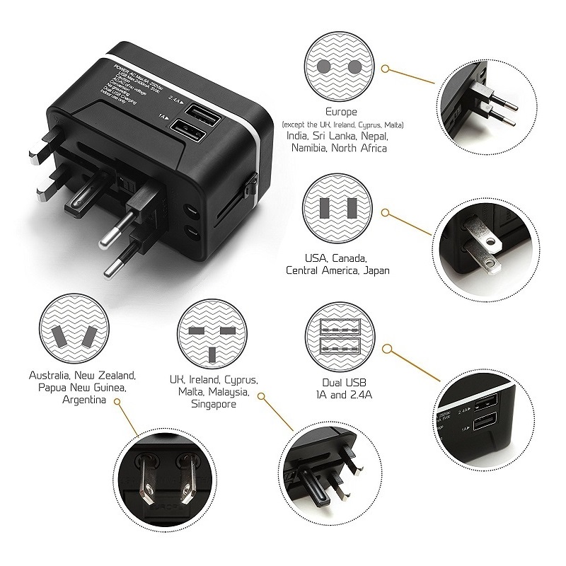 RRTRAVEL Travel Adapter, универсальный международный адаптер питания с 2 портами USB и европейским штекером, подходит для портативных компьютеров в более чем 150 странах