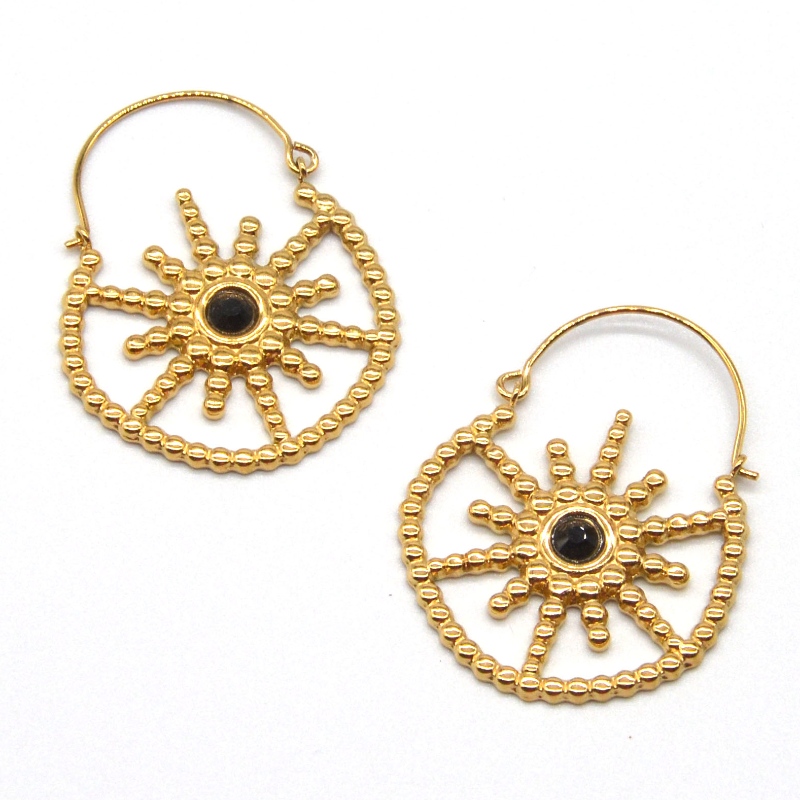 Женские позолоченные украшения в богемном стиле, винтажные цветочные серьги с черным агатом, Китай, фабрика по обработке ювелирн...