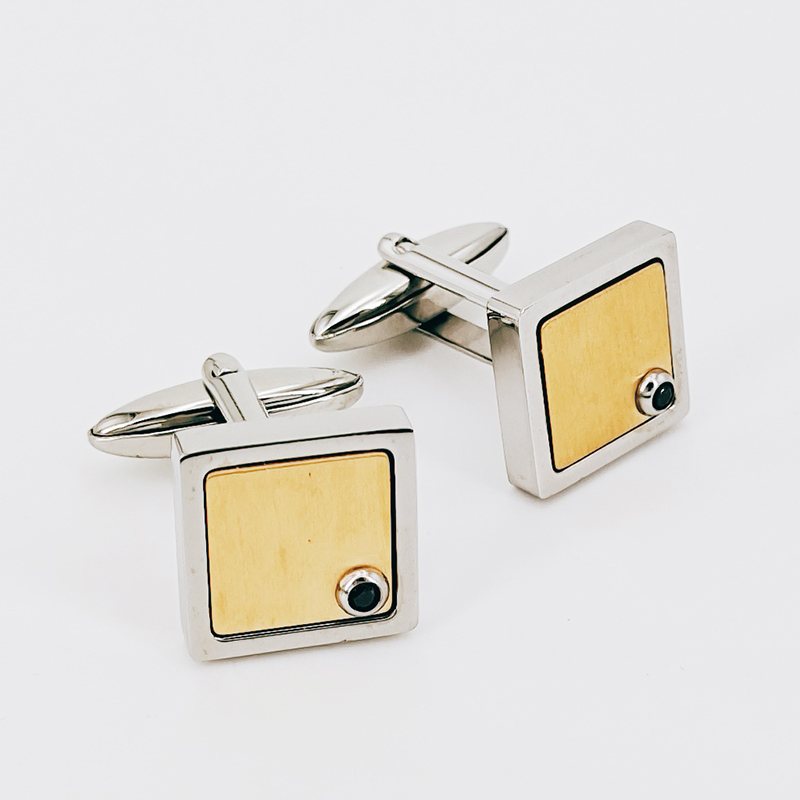 Двухцветные мужские запонки из нержавеющей стали с позолотой, черный камень CZ