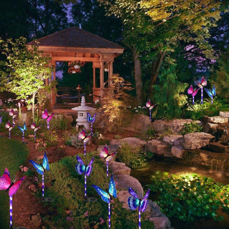 Многоцветные изменяющиеся светодиодные садовые солнечные фонари волоконно-оптические бабочки декоративные огни садовые солнечные стены