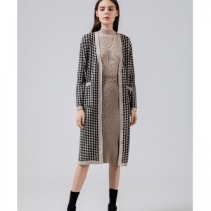 Модный случайный джокер Qianbirdcheck шерсть вязаный длинный кардиган пальто 69069#