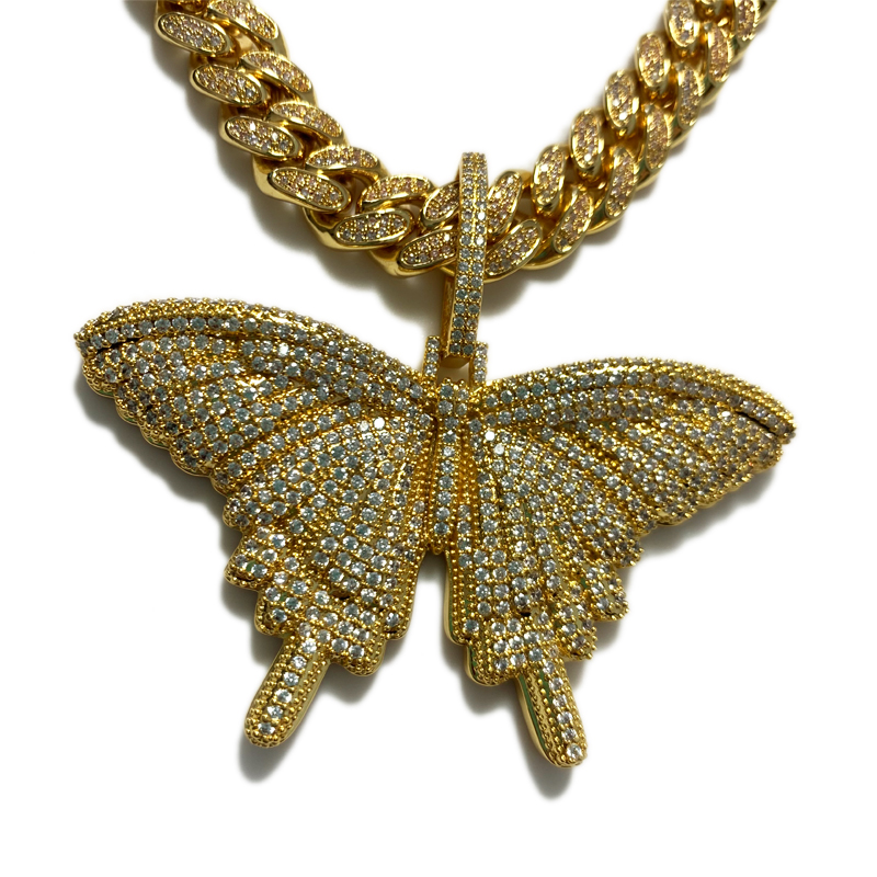 Мода Bling Розовое Ожерелье Бабочка Большой Размер Блестящая Бабочка Подвеска с Кубинской цепью