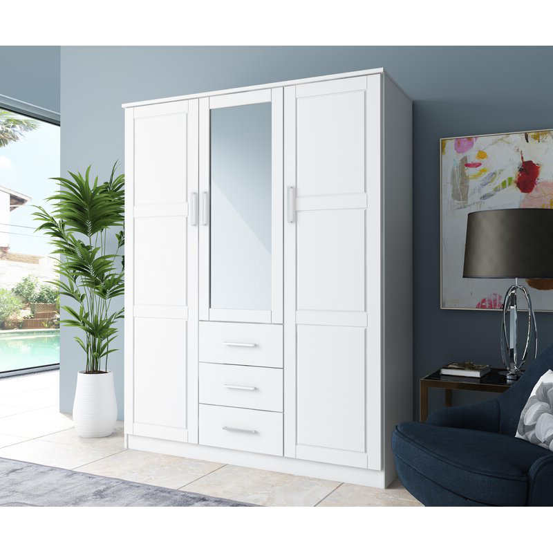 MWD22008 - твердой древесины семейный гардероб/CLOSET/CLOSET, 3-дверный шкаф с зеркалом и 3 ящиками, белый.