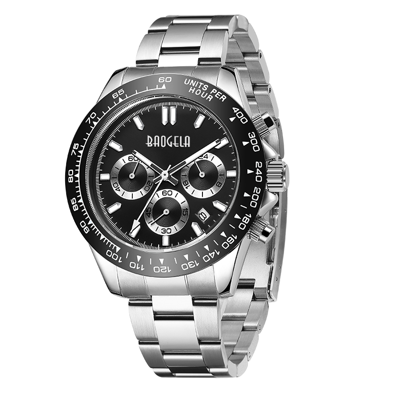 Baogela Men Watch Top Brand Luxury Sports Quartz Watches Страник из нержавеющей стали водонепроницаемые хронографские часы 2210 черные белые