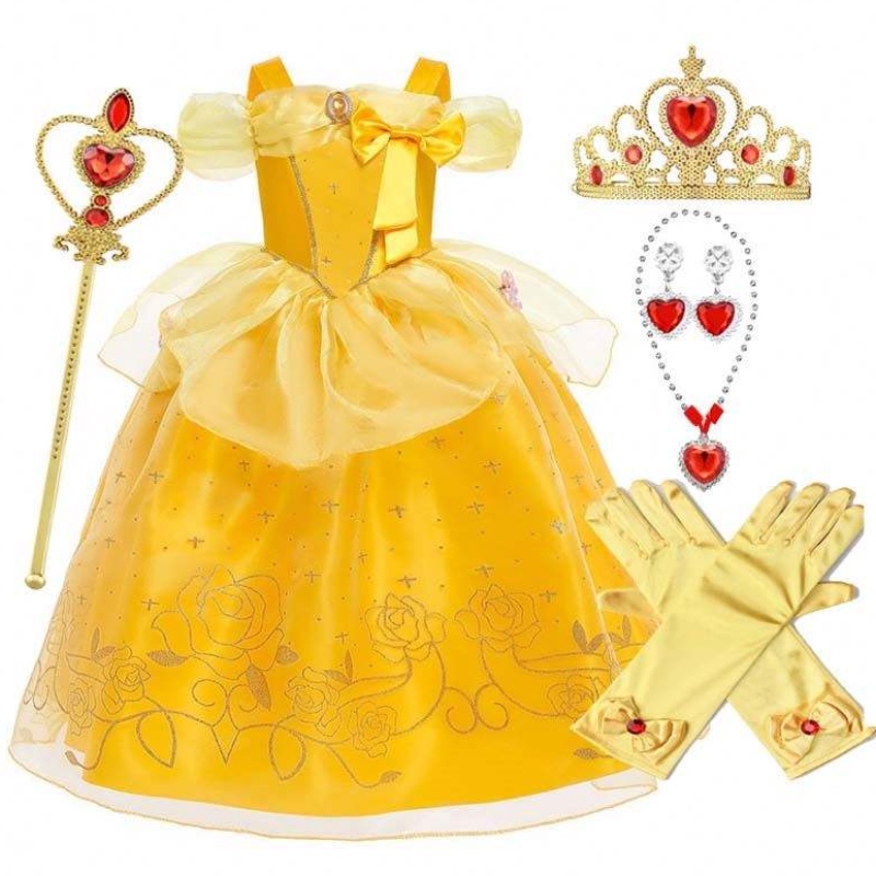 Рождественские наряды на Хэллоуин маленькая девочка желтые слоистые классические детские платья принцессы Belle с аксессуарами HCBL-005