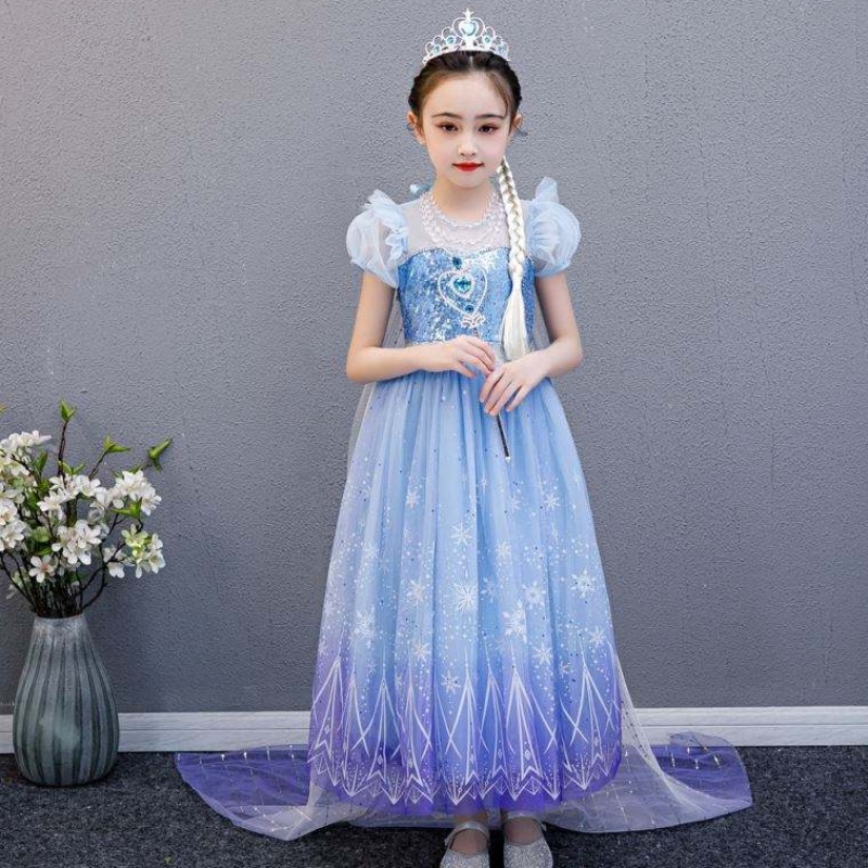 Baige 2021 Новая голубая эльза Анна Девушка для вечеринки платья для косплей -платья с принцессой с ожерельем ручной работы и длинной планой