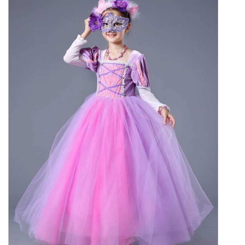 Оптовая высококачественная детская фиолетовая рапунцель длинная пухлая платье принцессы для девочек SMR020