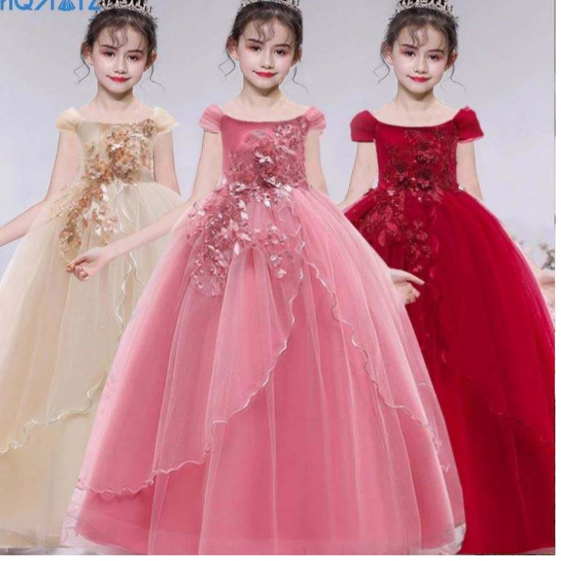 Baige Elegant Kids Long Dress Дети Дети Дети Плать Длинное платье девочка свадьба принцесса бальный платье
