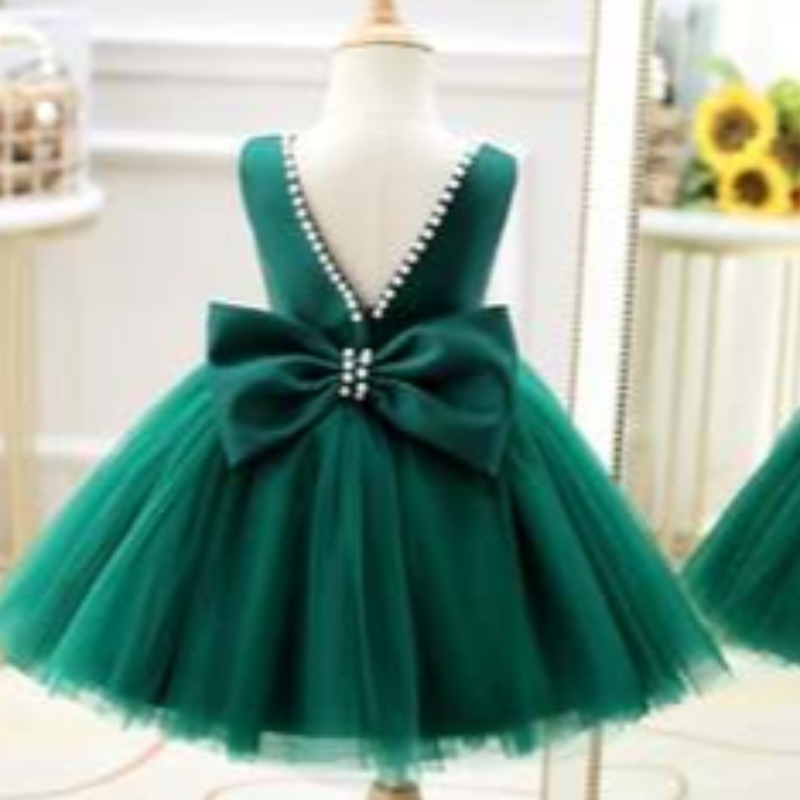 Baige Oem Green Flower Girl Свадебная пианино день рождения однолетнее платье маленькая девочка Показ подиумного шоу детей принцесса DZ007