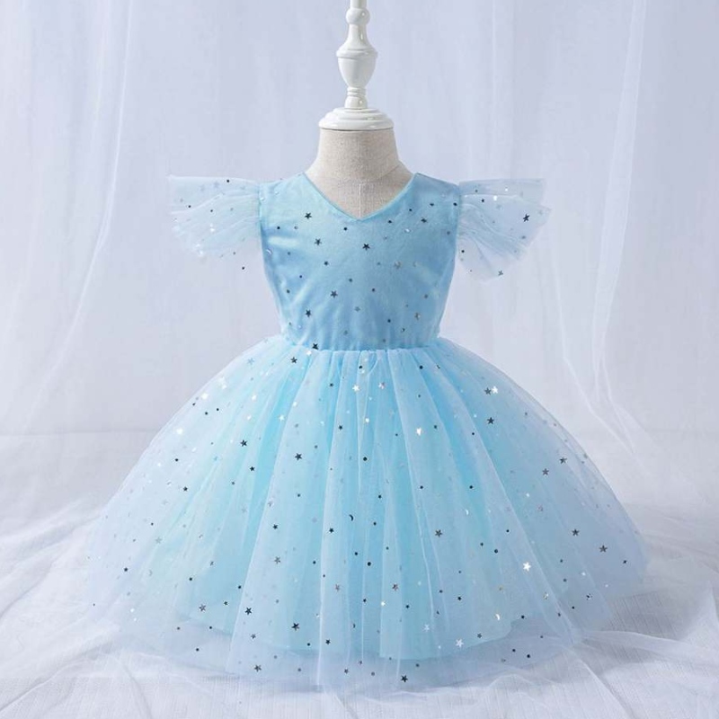 Baige v Neck Girl Party Frock Kids Mini Summer Wear Bling Kids Mesh Платье L1945XZ