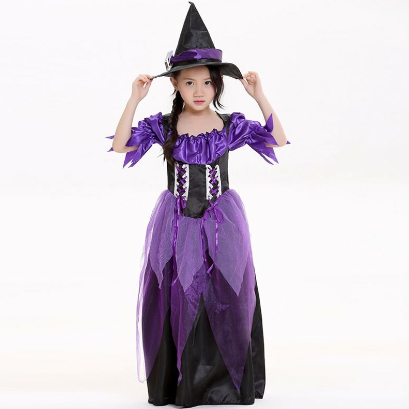 Карнавальная вечеринка Mardi Gras Fantasia Child Kids Gilm Fairytale Purple Witch Costume Дети со шляпой HCVM-015