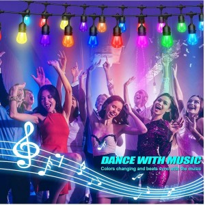 48 -футовое цветовое изменение наружных струнных светильников, 15 светодиодных луковиц с громким, водонепроницаемым IP65, вспыхиваю...