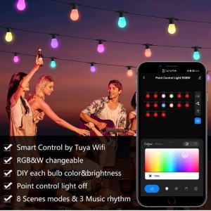 Smart Color String Lights, 48 ​​-футовое смарт -патио Lights Lights RGBW светодиодные струнные светильники, приложение&Wi -Fi управление, работает с Alexa, ц...