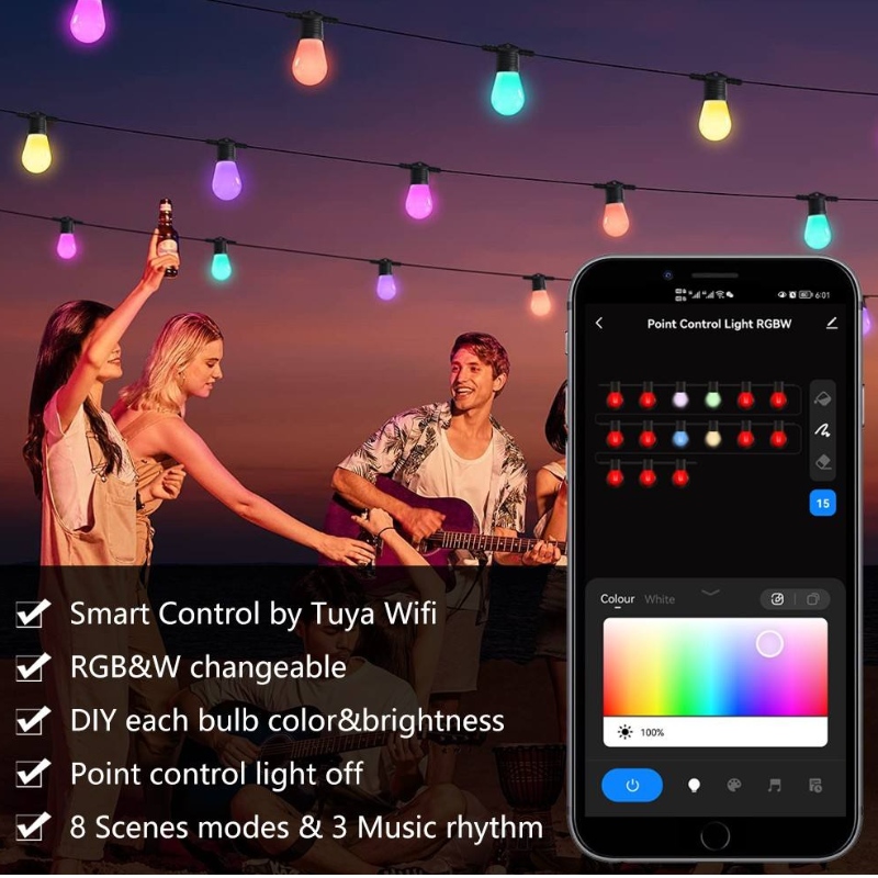Smart Color String Lights, 48 ​​-футовое смарт -патио Lights Lights RGBW светодиодные струнные светильники, приложение&Wi -Fi управление, работает с Alexa, цветовые струнные светильники с Dimmable 15 светодиодных лампочек, водонепроницаемые IP65