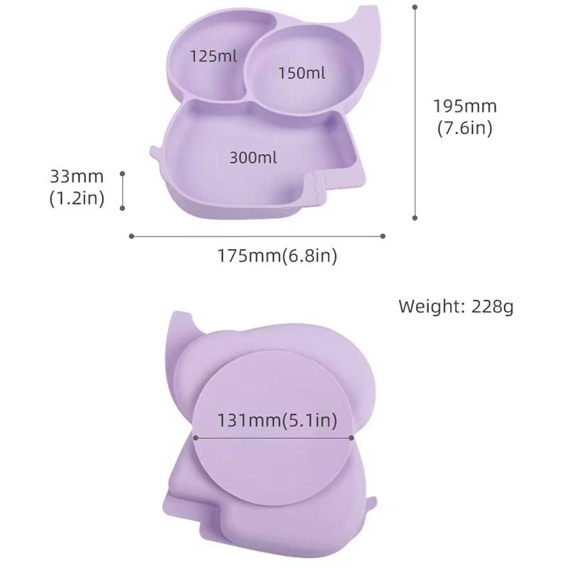 Всасывающие тарелки для детей Силиконовый слон -тарелка Комплементная еда, установленная для младенцев Слон BPA Бесплатный детский ужин -чаша силиконовый закат. Приемный ужин разделенная тарелка для детей