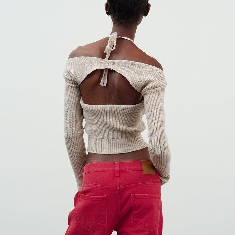 Заводская обычая 2023 Лето розовая v нерегулярная шея с длинными рукавами Сексуальная мода Короткие вязаные женщины ~ свитер
