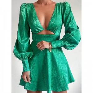 V-образное складное жаккардовое платье с фонариком короткое платье Spring Vintage Styl