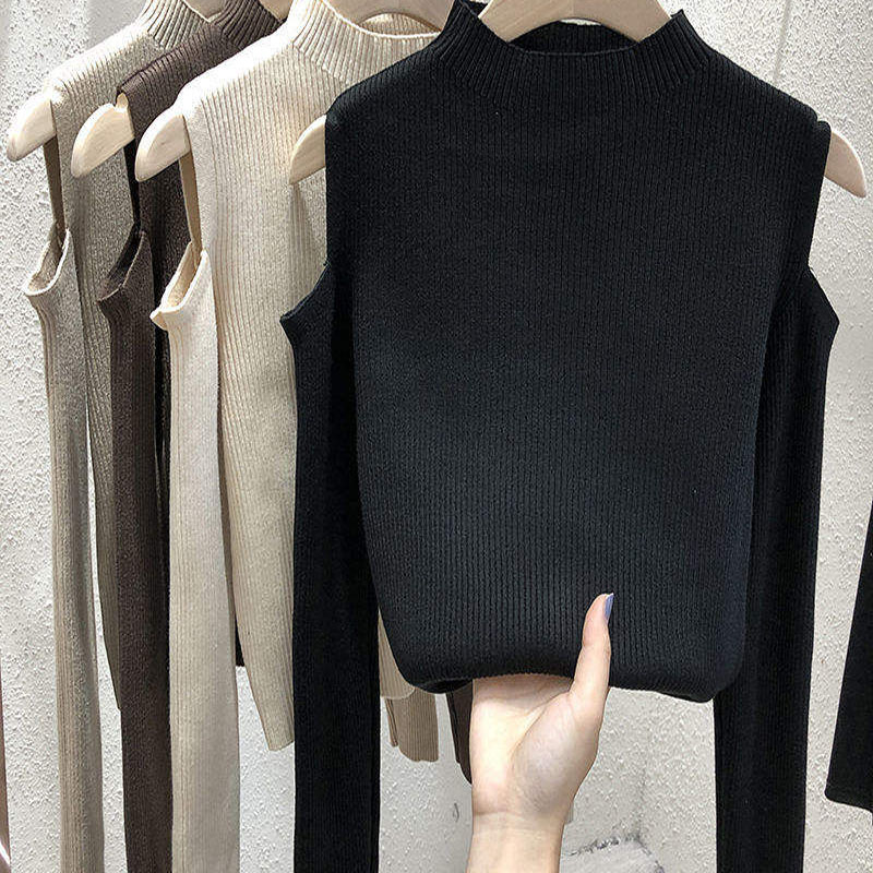 2023 New Fashion Women Winter Sweater Корейский твердый цвет с открытым плечами с длинными рукавами