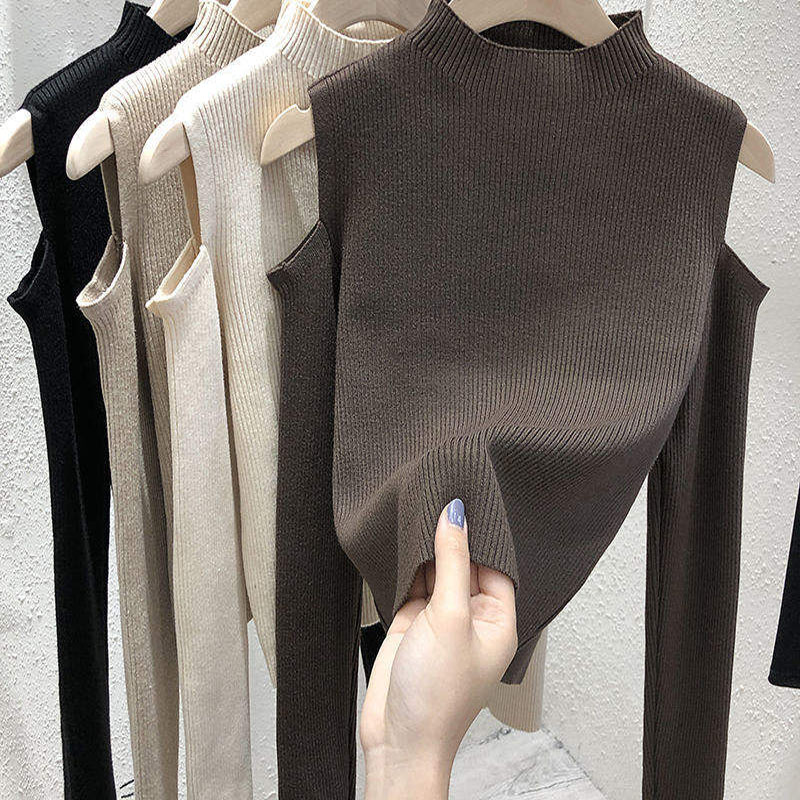 2023 New Fashion Women Winter Sweater Корейский твердый цвет с открытым плечами с длинными рукавами