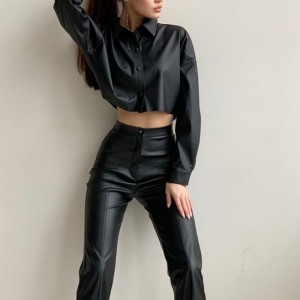 Осенняя и зимняя мотоцикл Сексуальная матовая кожаная короткая рубашка с длинными рубашками