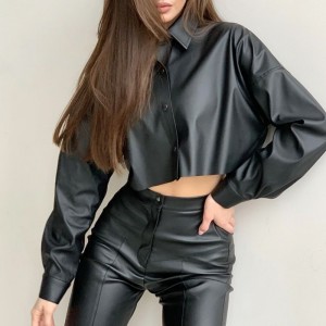 Осенняя и зимняя мотоцикл Сексуальная матовая кожаная короткая рубашка с длинными рубашками