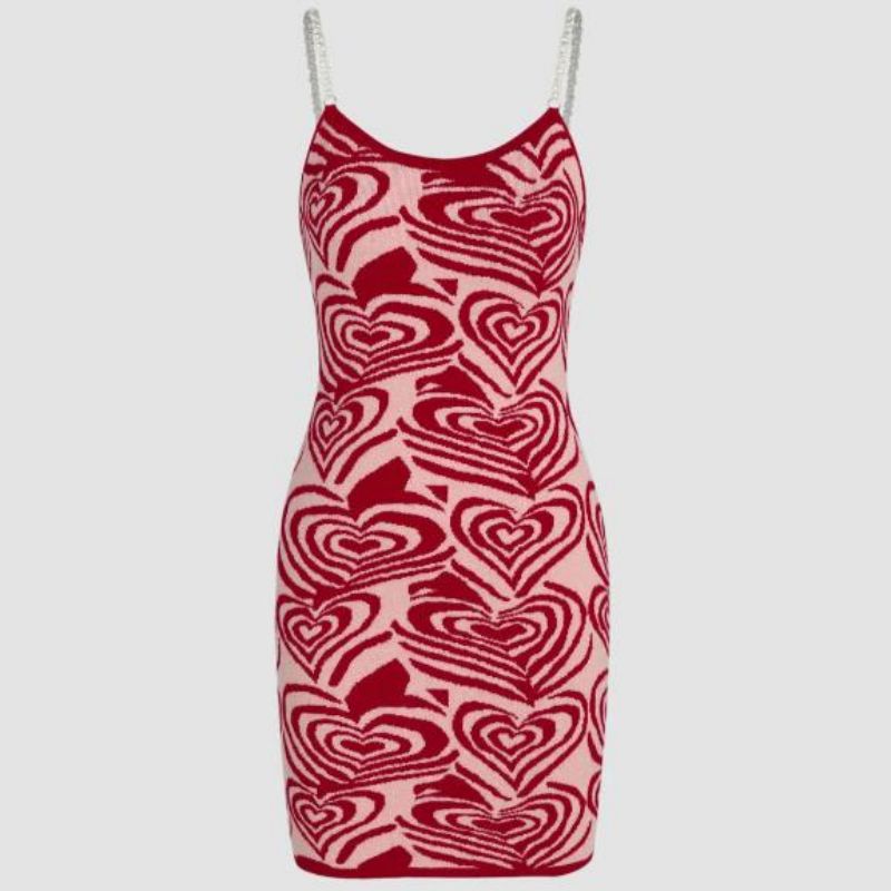 Love Heart Pattern Prant Press Dress Press Lummer Sunrress Shin Sexy Knitwear