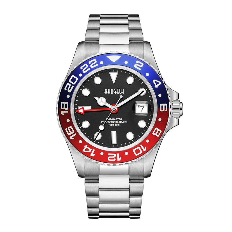 Baogela New Blue Red Water Water Watch Watch Men's Watch 50 метров водонепроницаемые ремешки из нержавеющей стали Швейцарское движение Relogio Masculino 22807