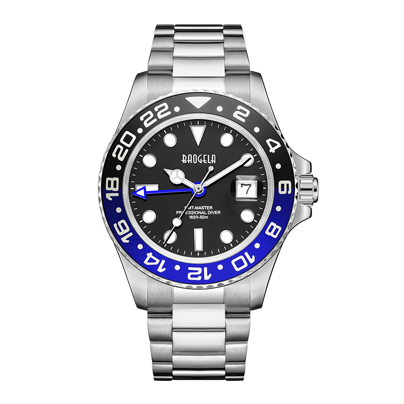 Baogela New Blue Red Water Water Watch Watch Men's Watch 50 метров водонепроницаемые ремешки из нержавеющей стали Швейцарское движение Relogio Masculino 22807