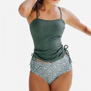 Rib Ruched Shinkstring Top&Ditsy Floral High Tankini Set Tankini