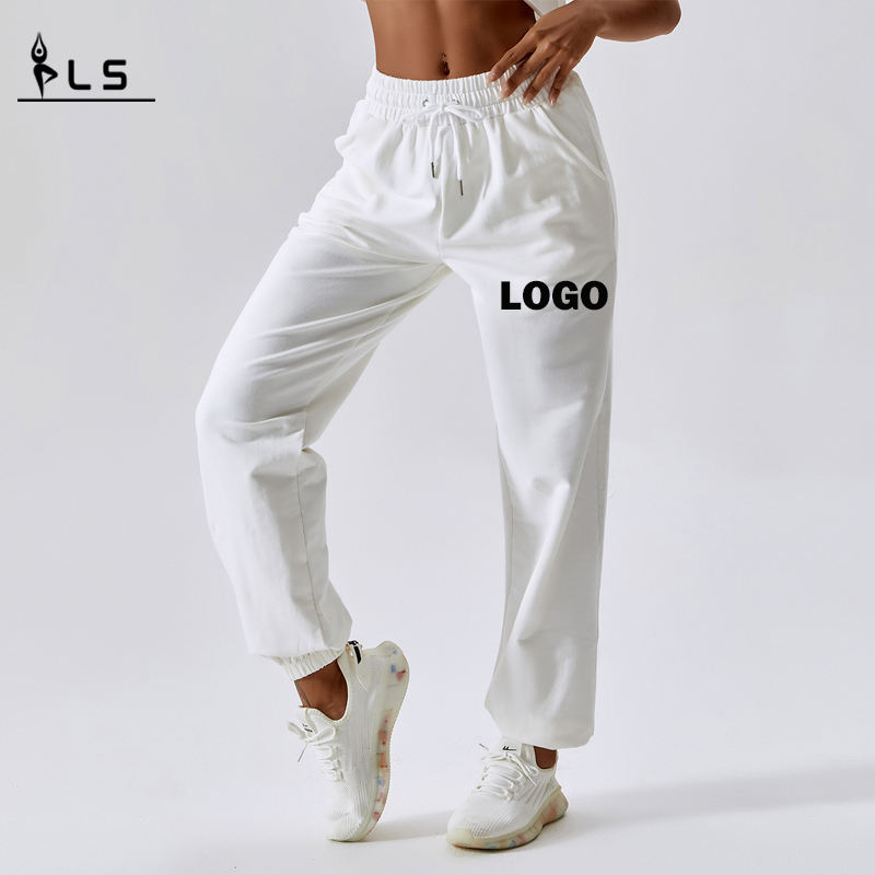 SC10129 Сплошные эластичные талию спортивные штаны Женские мешковываемые спортивные брюки бегают брюки с высокой талией.
