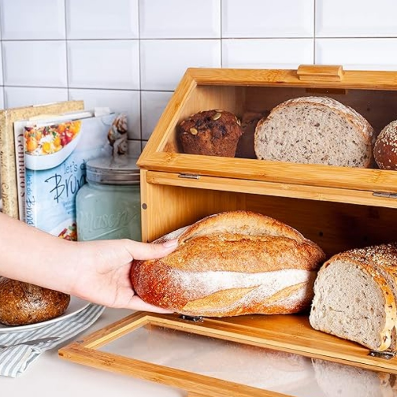 Бамбуковая хлебная коробка для кухонной стойки - Двухслойный хлеб хлеб с прозрачными окнами - деревенский хлеб в стиле деревенского дома